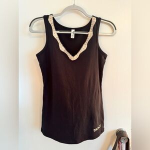 DKNY Black Cotton Lace Y2K Coquette Girl Embellished Tank Top